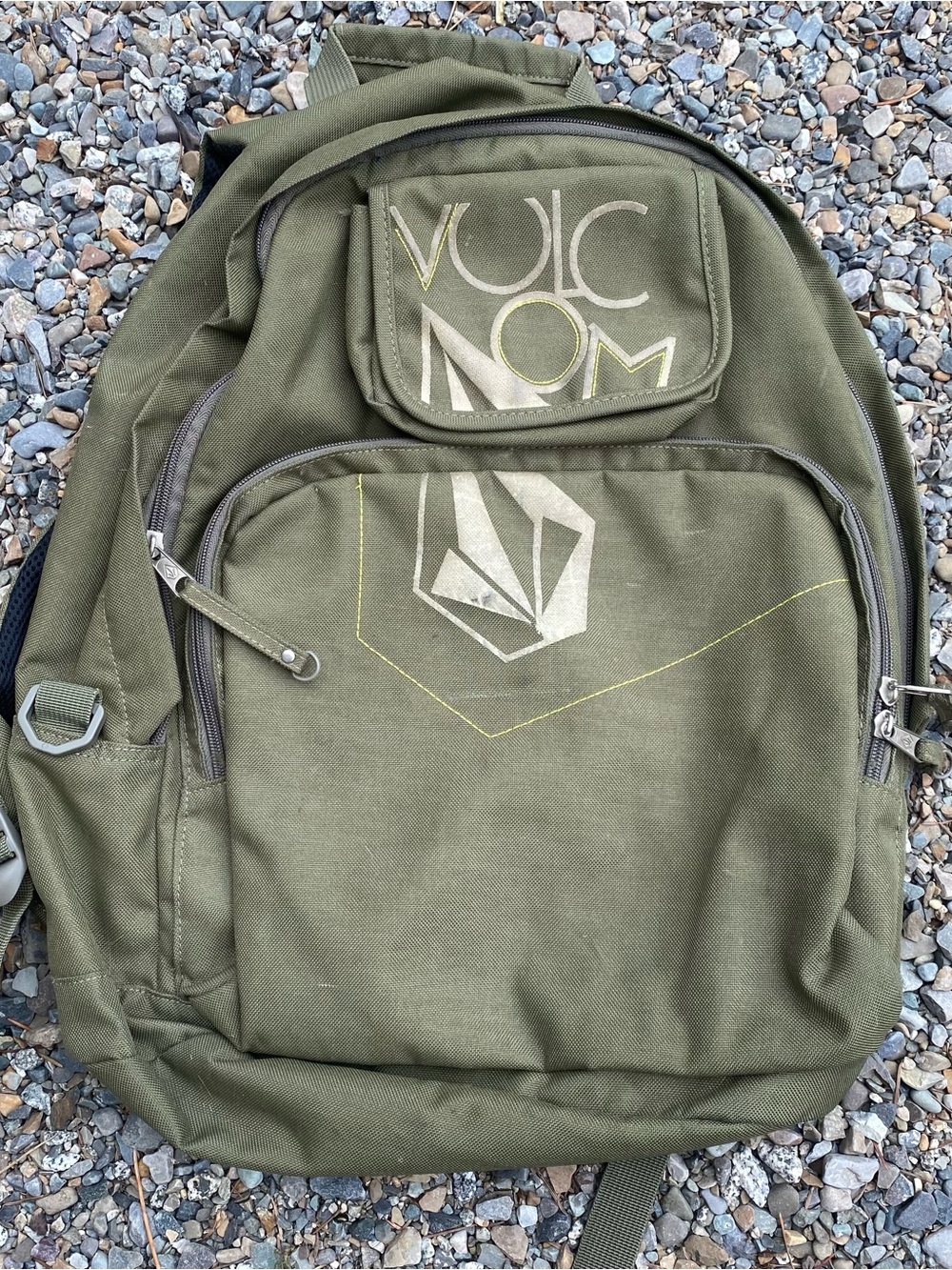 Vtg Y2K Skater - Volcom Olive Green Canvas Backpack with Front Logo - USED